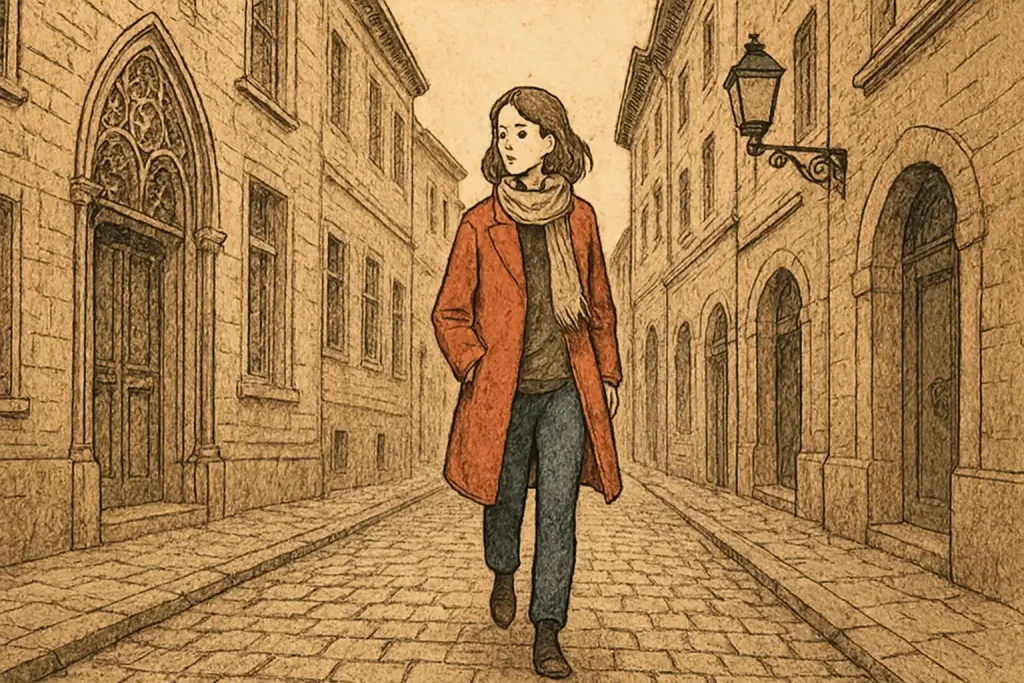 A woman is walking over the old street with Gothic and Renaissance architecture.