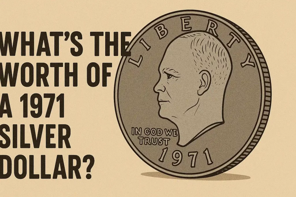 Vintage poster-style illustration featuring a 1971 Eisenhower silver dollar next to bold text asking, 'What’s the worth of a 1971 silver dollar?' in blocky letters.