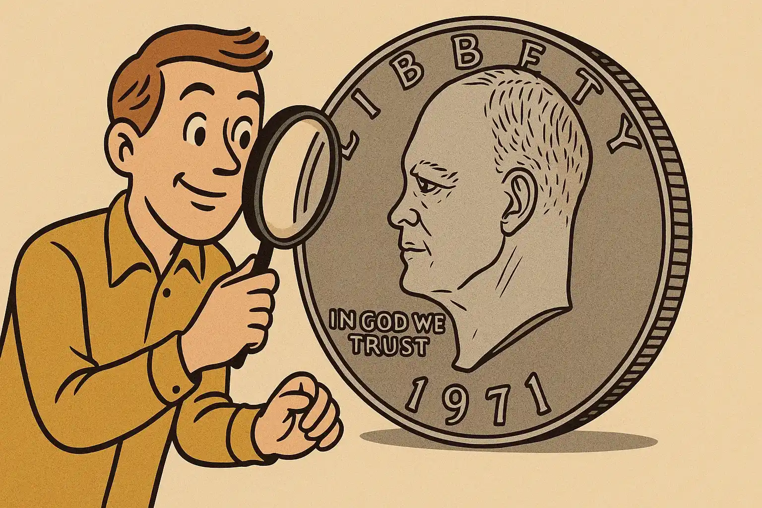 Vintage-style illustration of a smiling man examining a 1971 Eisenhower dollar through a magnifying glass, highlighting the coin's details