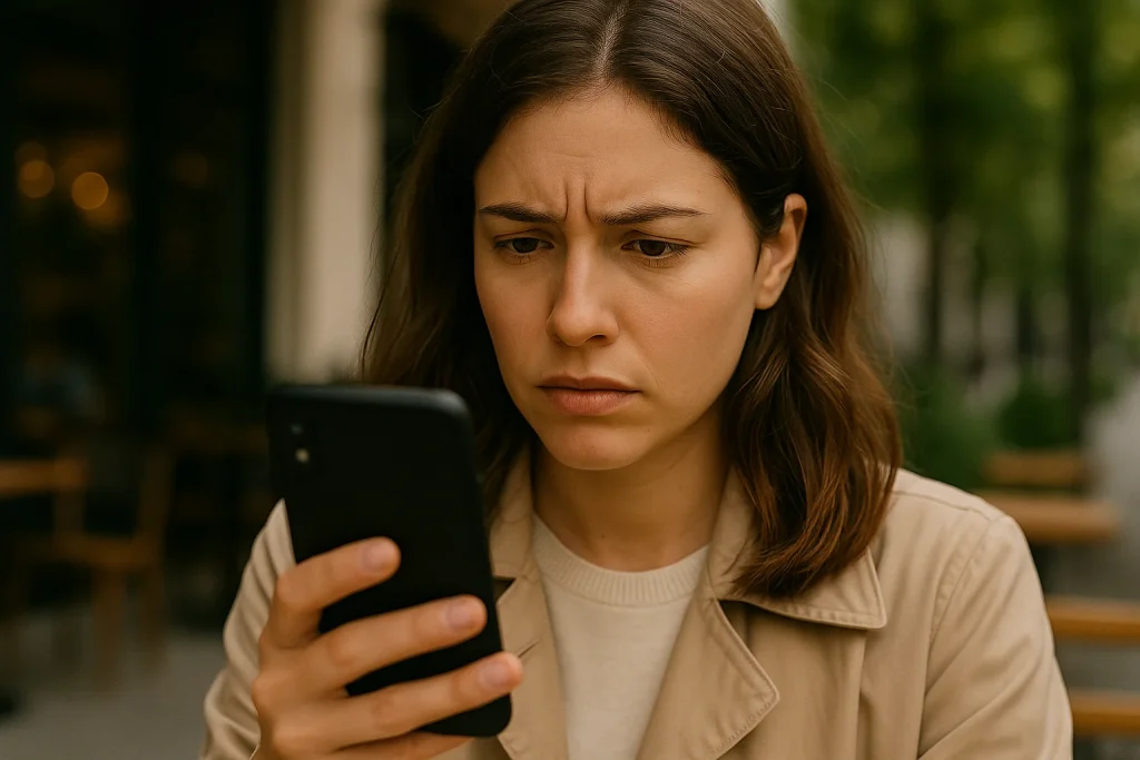A concerned woman checks her dearest one location, puzzled by a location update that doesn’t match expectations.