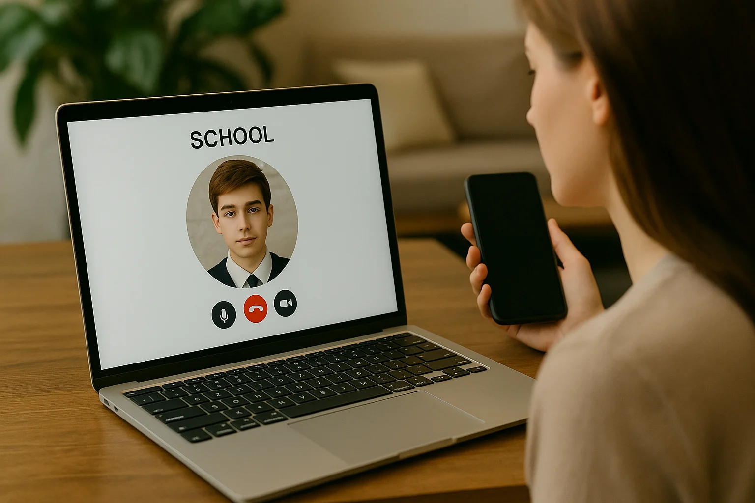 A mother makes a video call from her laptop to check in on her child, whose listed location raises quiet doubts.