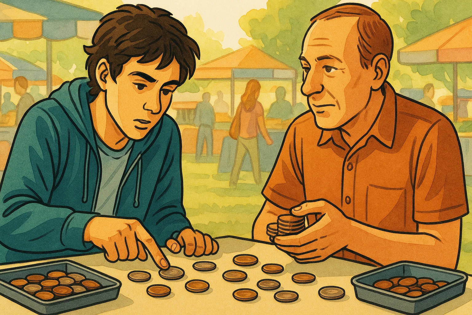 A customer and a dealer discuss the coin price at the flea market.