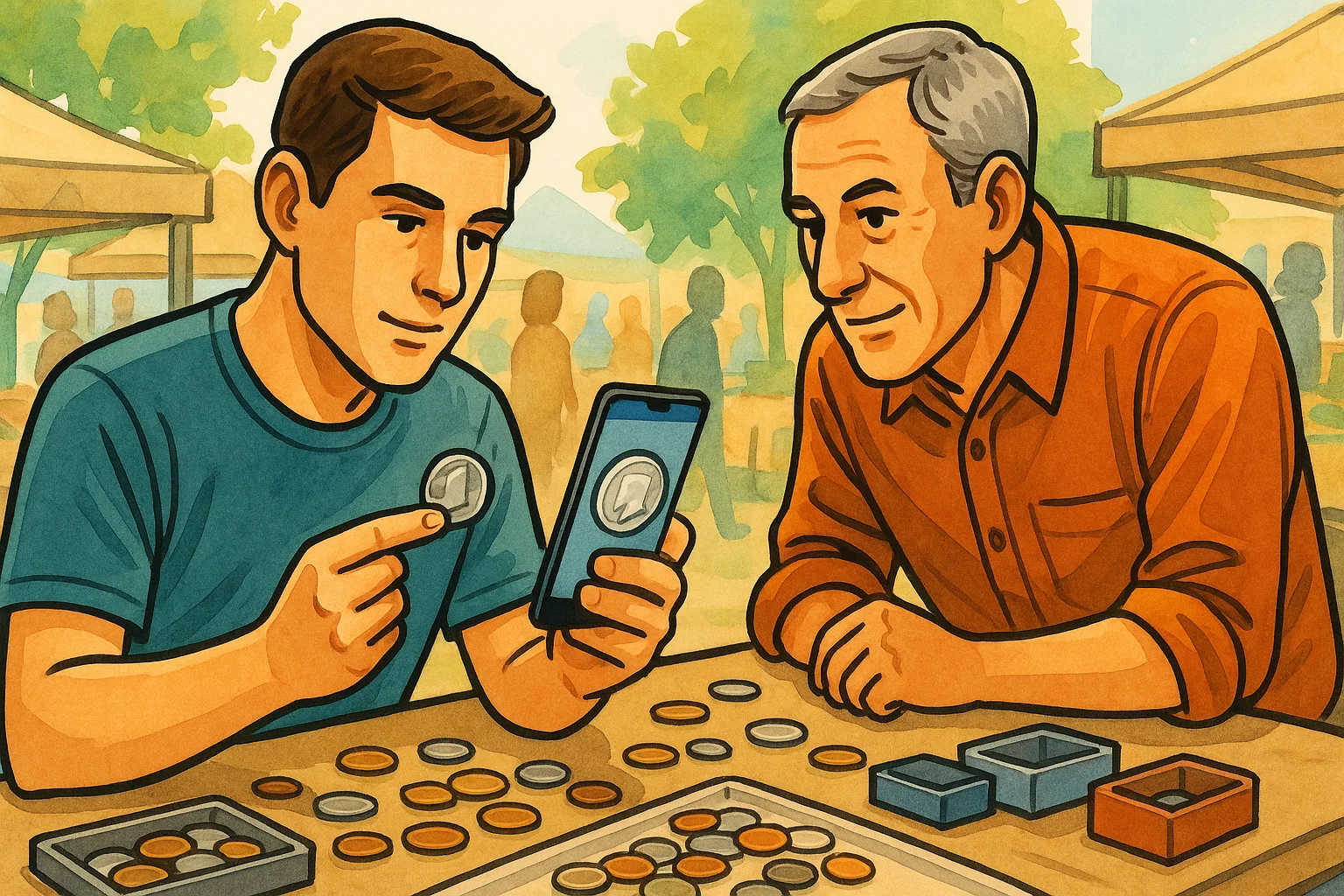 A customer checks a coin via the coin scanner app during the flea market.