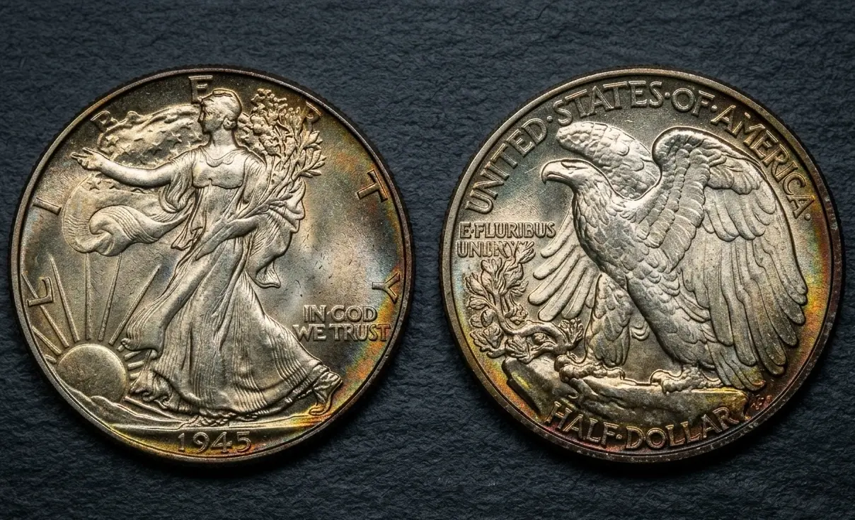 Close-up of a 1945 Walking Liberty half dollar placed on a matte surface